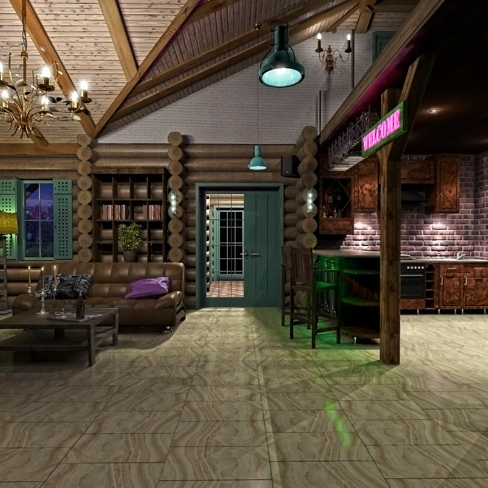 Гостинная дома из сруба в стиле кантри