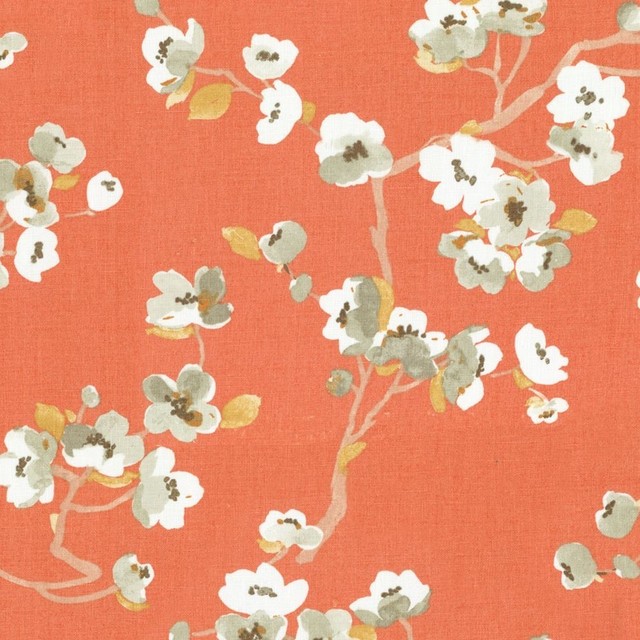 Coral Orange Cherry Blossom Fabric Contemporary Drapery Fabric