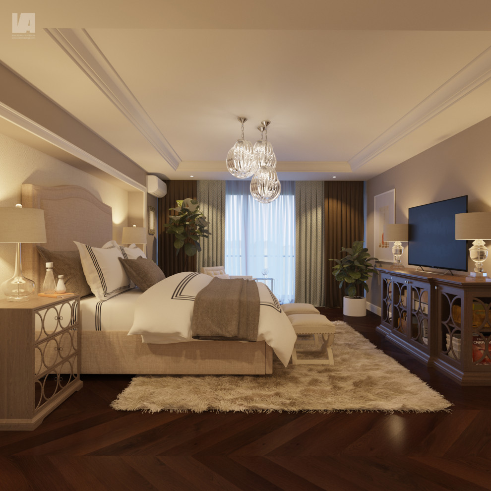 Mittelgroßes Hauptschlafzimmer mit bunten Wänden, dunklem Holzboden, braunem Boden, eingelassener Decke und Tapetenwänden in Houston