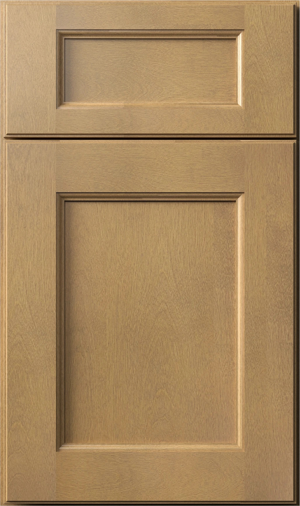 Fusion door style in a wood grain timber finish with stepped frame detail, recessed flat panels and clean modern profile