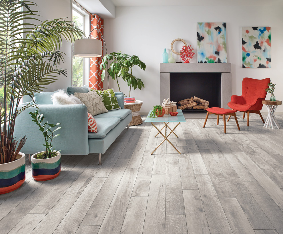 Living room - mid-sized contemporary open concept vinyl floor and gray floor living room idea with white walls, a standard fireplace and no tv