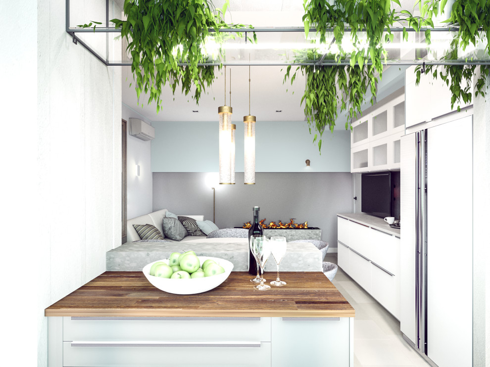Soft-minimal кухня-гостиная с панорамным остеклением