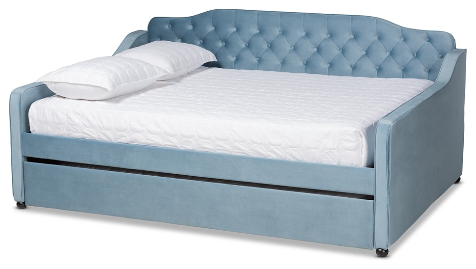 Light Blue Velvet Fabric Upholstered Button Tufted Queen Size Daybed w/ Trundle