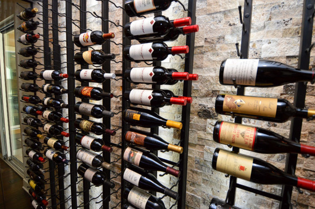 Floor To Ceiling Metal Wine Racks Transitional Wine Cellar