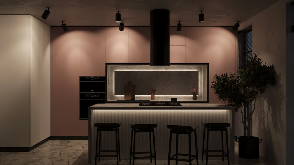 Aménagement d'une cuisine ouverte linéaire et grise et blanche contemporaine de taille moyenne avec des portes de placard rose, un plan de travail en quartz modifié, une crédence grise, un électroménager noir, îlot, un sol gris et un plan de travail gris.