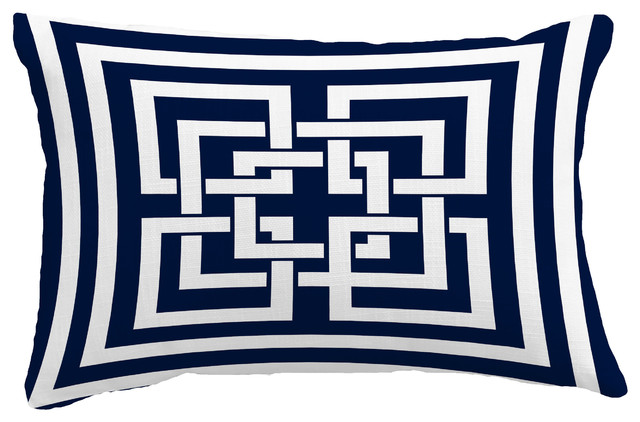 Greek New Key Geometric Print Throw Pillow With Linen Texture, Navy, 14"x20"