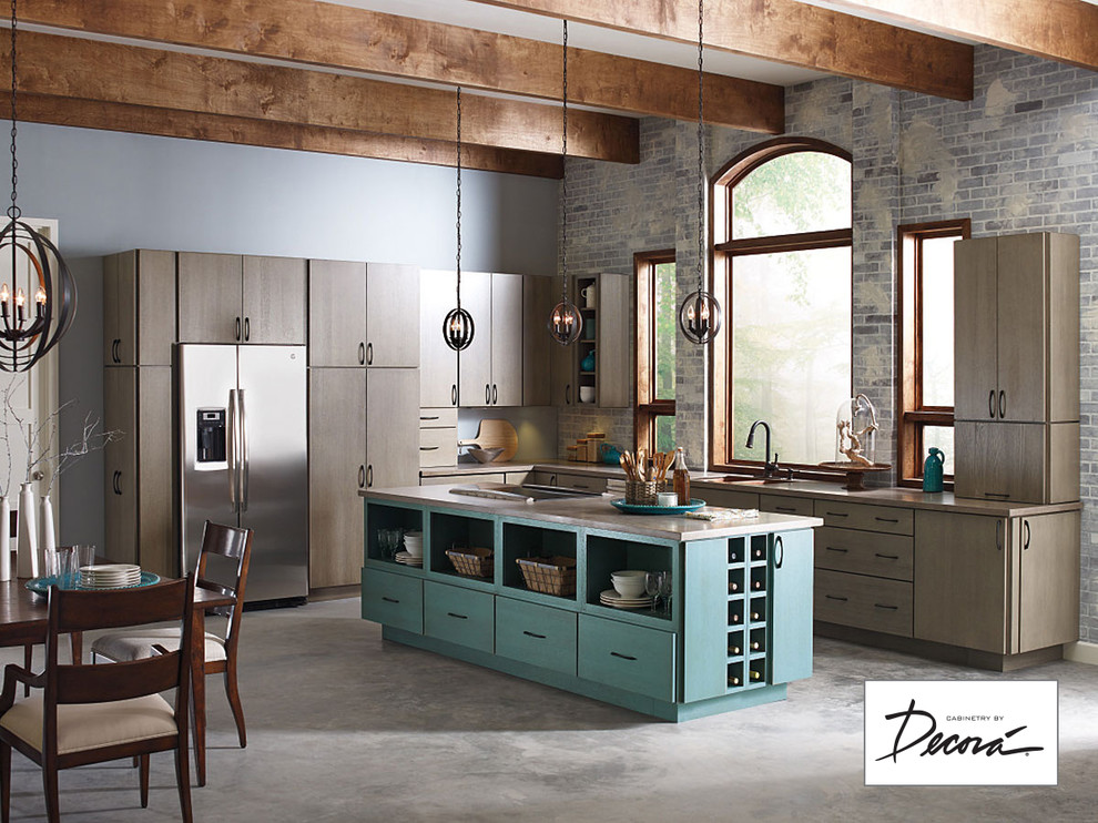 Large l-shaped gray floor eat-in kitchen photo with flat-panel cabinets and an island