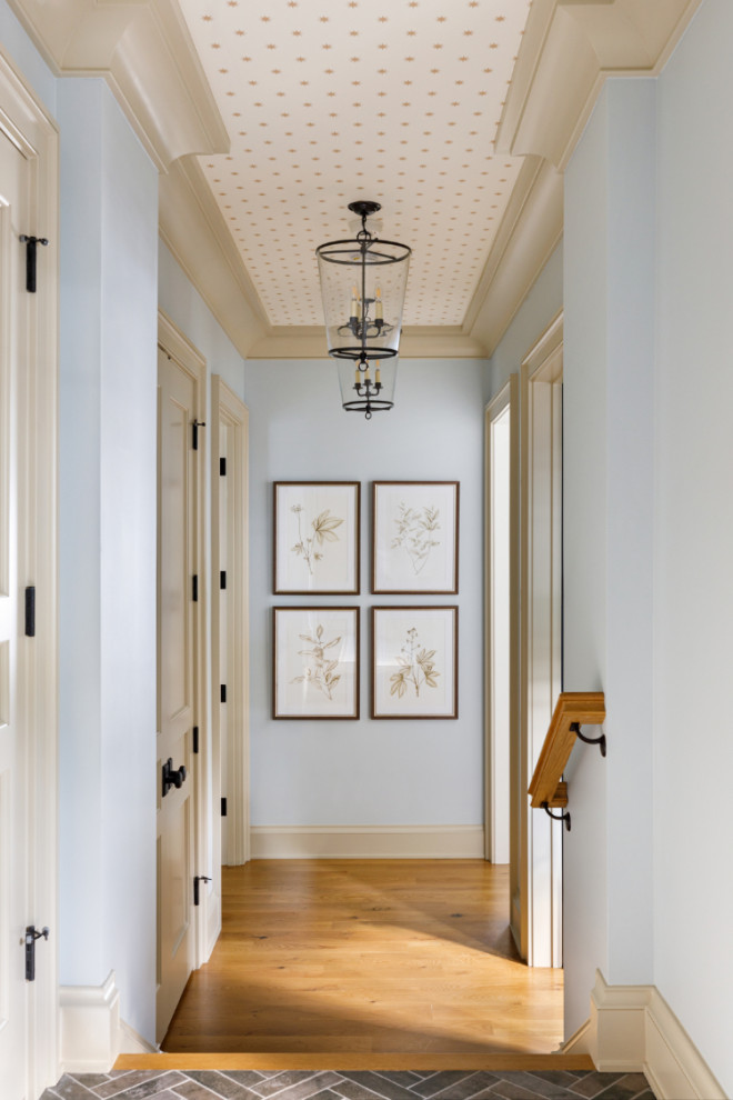 Foto di un ingresso o corridoio stile marinaro di medie dimensioni con pareti blu, parquet chiaro e soffitto in carta da parati