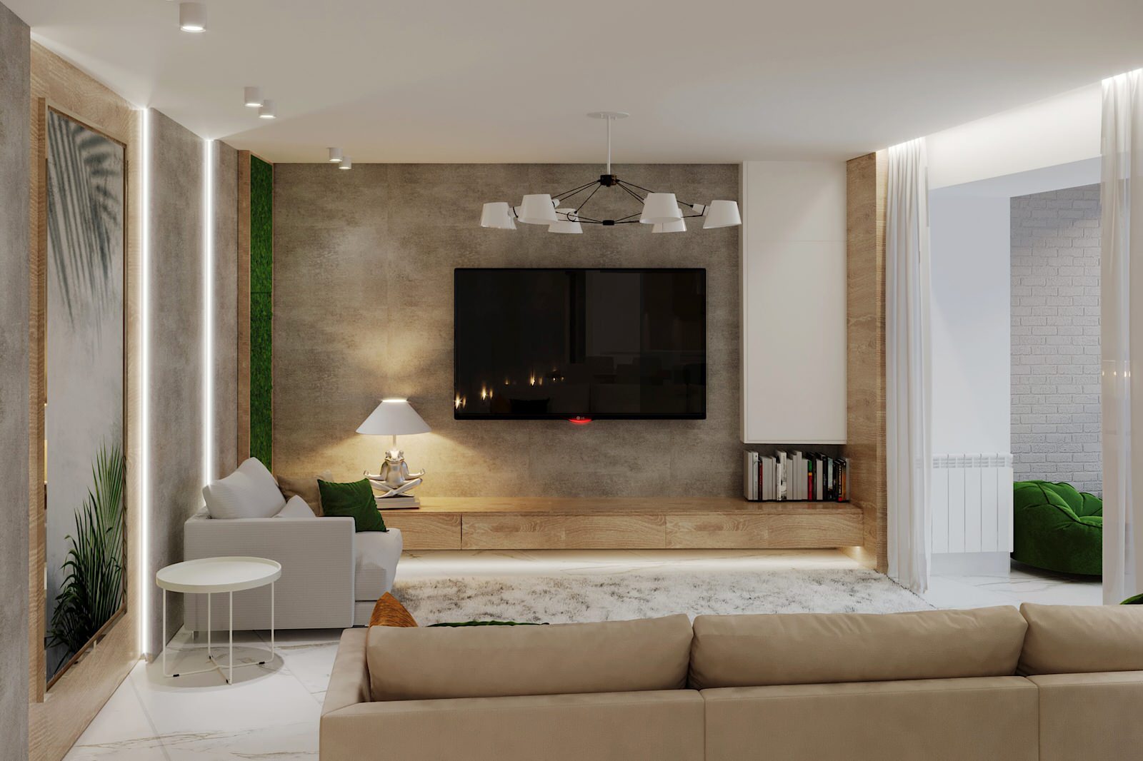 Светлые,минималистичные с сочными зелеными акцентами интерьеры