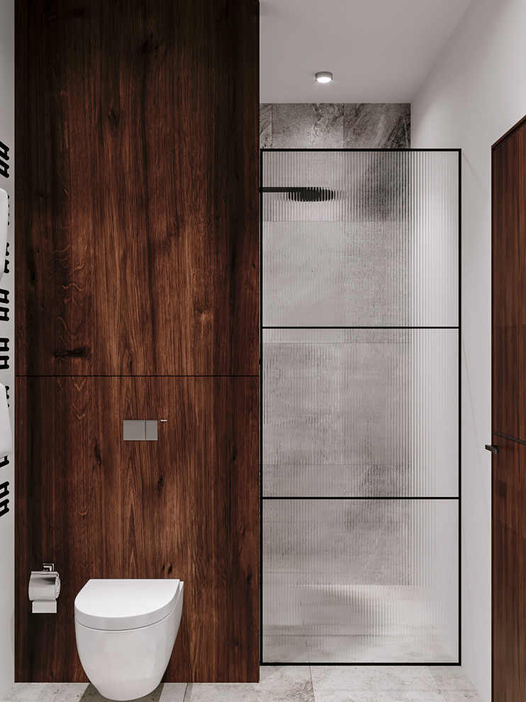 Inspiration for a small industrial master bathroom in Frankfurt with flat-panel cabinets, gray tile, ceramic tile, concrete benchtops, medium wood cabinets, an alcove shower, a wall-mount toilet, grey walls, ceramic floors, a console sink, grey floor and a hinged shower door.