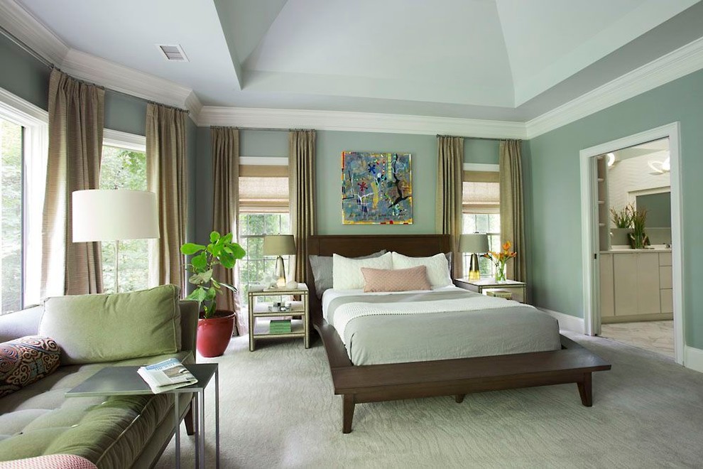 Photo of a mid-sized transitional master bedroom in Atlanta with blue walls, carpet and no fireplace.