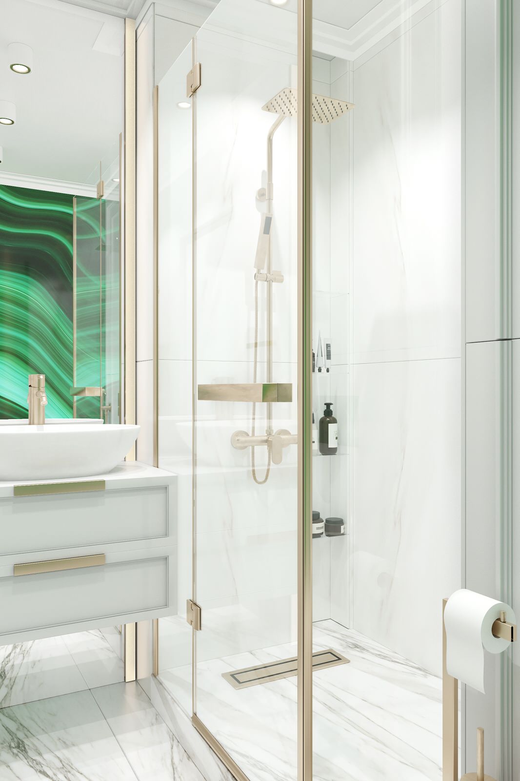 Изысканная ванная комната. Зеленый + золото