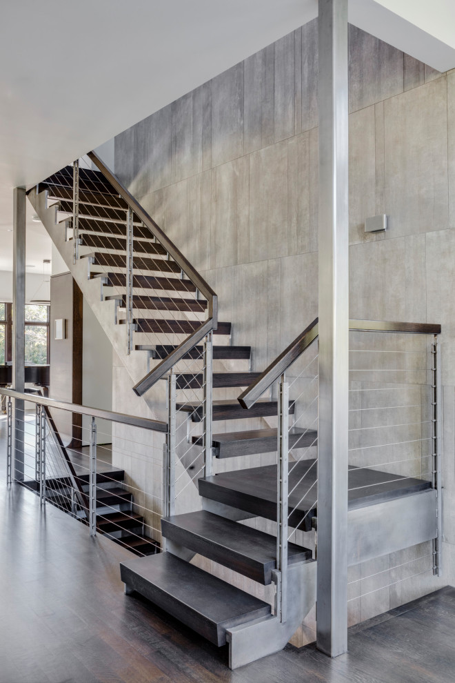 Staircase - large contemporary wooden l-shaped metal railing staircase idea in Boston with metal risers