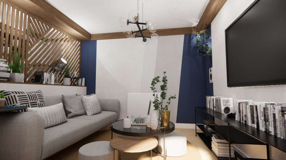 Kleines Stilmix Wohnzimmer ohne Kamin mit weißer Wandfarbe, hellem Holzboden und beigem Boden in Dijon