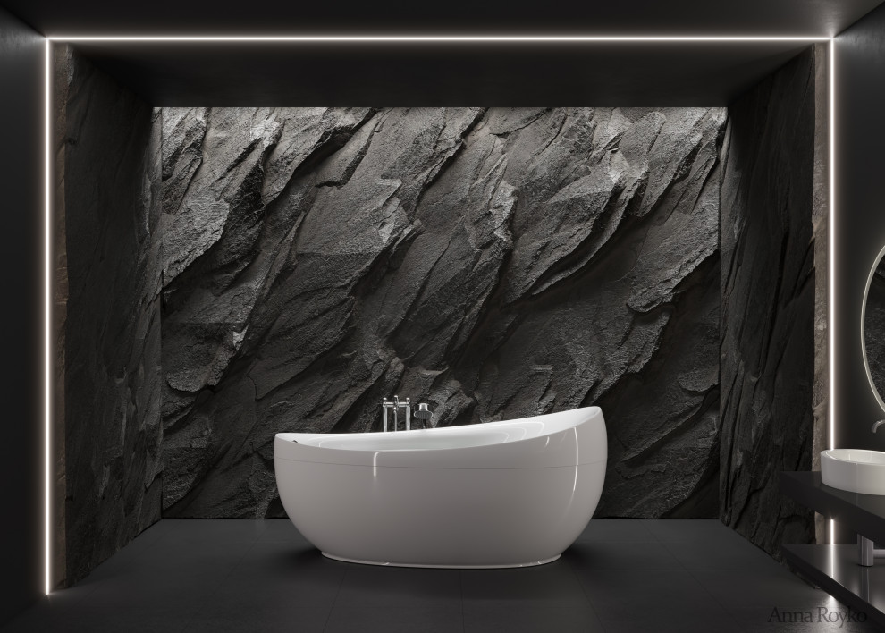 Визуализация темной ванной комнаты со скалой