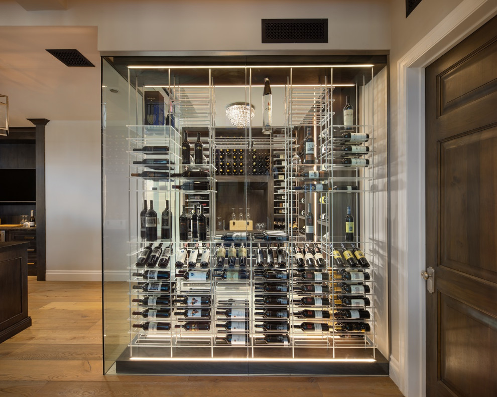 Design ideas for a mid-sized modern wine cellar in Phoenix with ceramic floors, storage racks and multi-coloured floor.