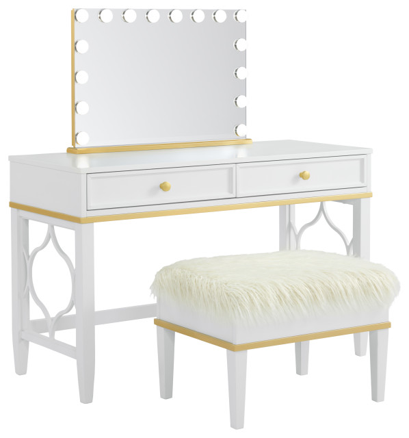 Emma Vanity With Mirror and Stool, White and Gold - Contemporary 