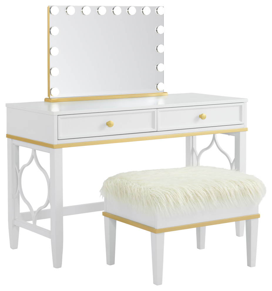 Emma Vanity With Mirror and Stool, White and Gold Contemporary