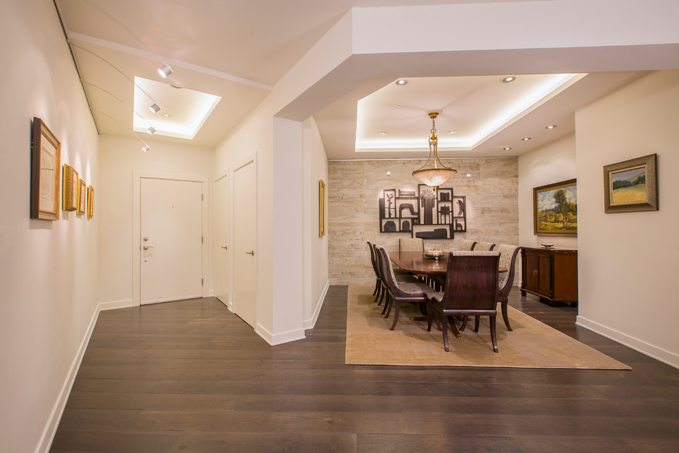 Dining room - mid-sized transitional medium tone wood floor dining room idea in DC Metro with white walls