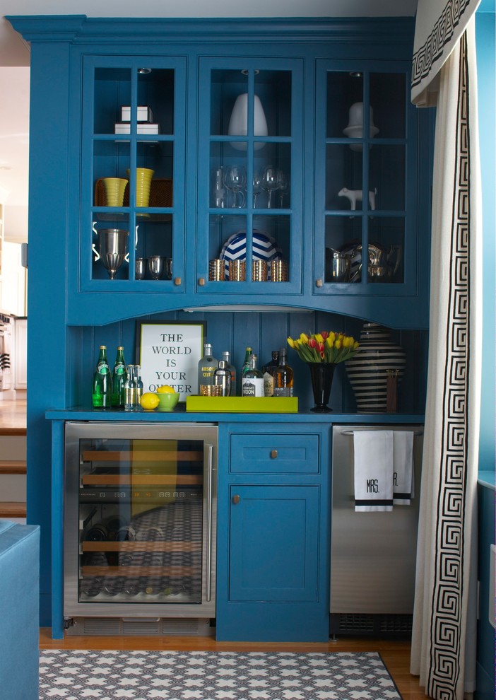 Transitional home bar in Boston with blue benchtop.