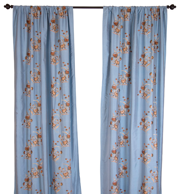 Silk Dupioni Blue Embroidered Curtain Panel Contemporary