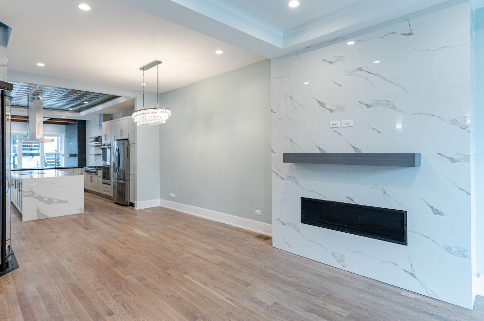 Chicago Modern Fireplace Wall & Open Living Space Renovation