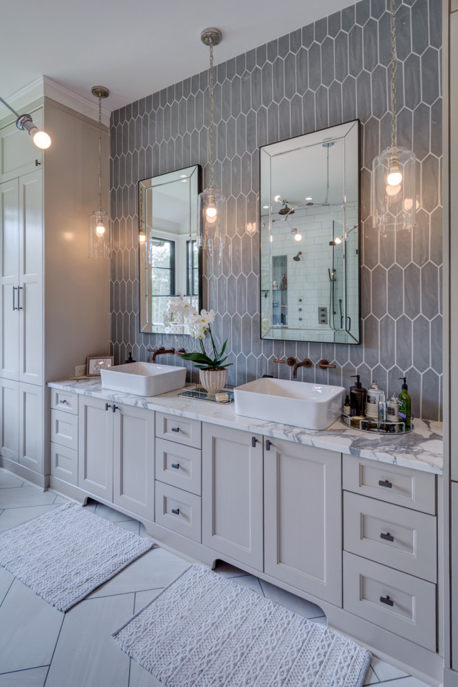 Inspiration for a large transitional master bathroom in Atlanta with shaker cabinets, grey cabinets, ceramic tile, porcelain floors, a vessel sink, marble benchtops, white floor, multi-coloured benchtops, a double vanity, a built-in vanity and gray tile.