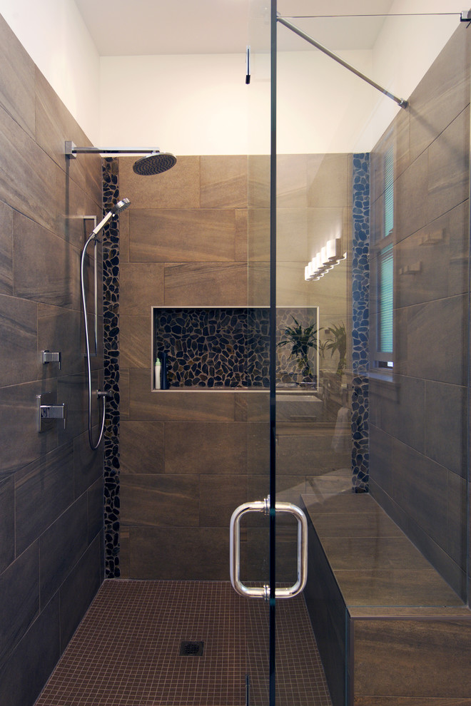 This is an example of a mid-sized country master bathroom in Vancouver with beaded inset cabinets, white cabinets, an alcove shower, brown tile, ceramic tile, a two-piece toilet, white walls, ceramic floors and a vessel sink.