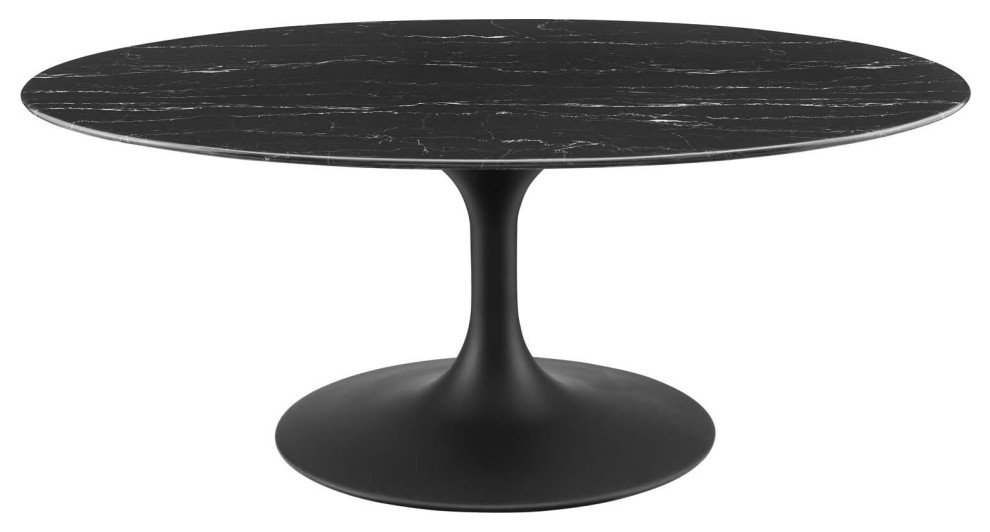 Lippa 42" Oval Artificial Marble Coffee Table, Black Black Midcentury