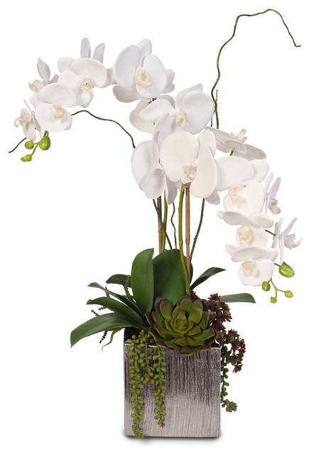 Bamburgh Silk Artificial White Orchid In Silver Urn Vase: H28 Cm X D33 Cm 