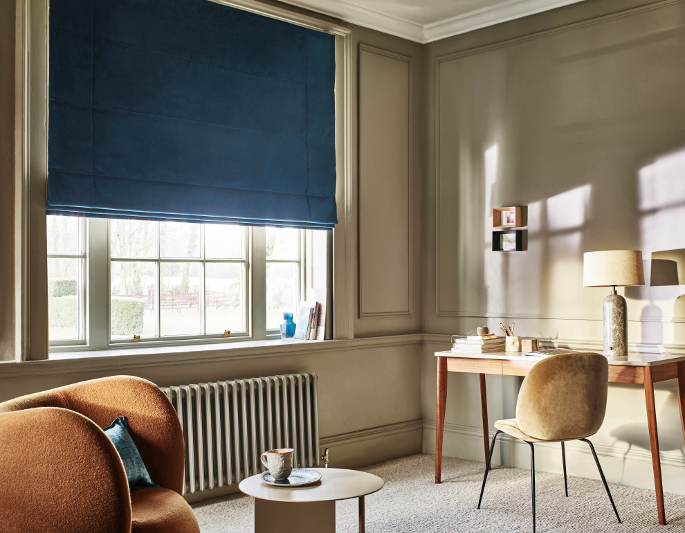 Navy Roman Blind at Sash Window in Home Office Modern Home Office