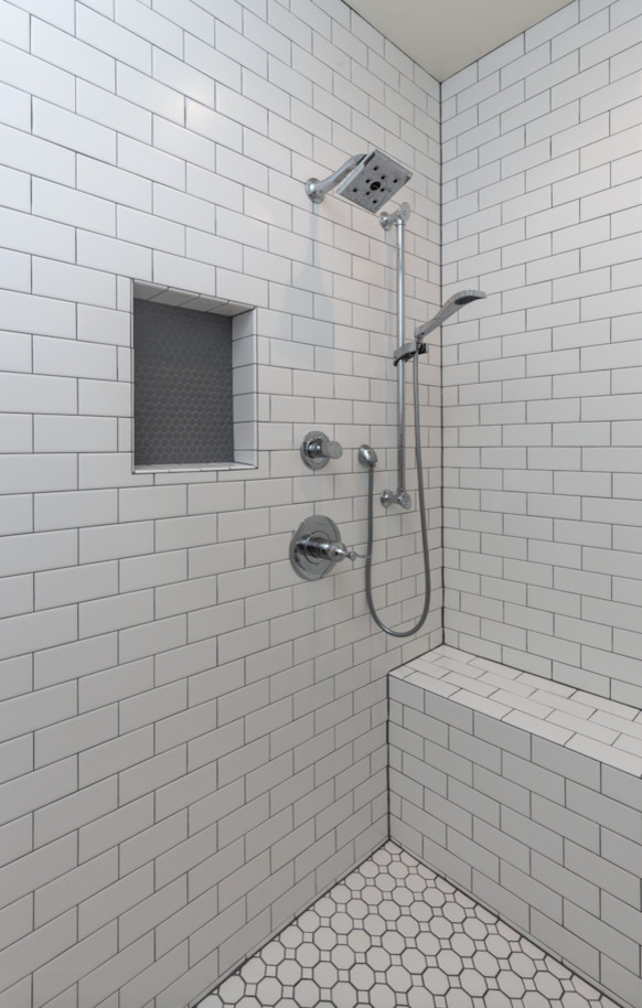 This is an example of a transitional bathroom in Other with a corner shower, white tile and subway tile.