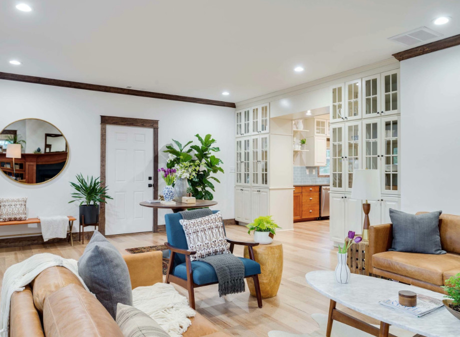 Inspiration for a large transitional formal open concept living room in DC Metro with white walls, light hardwood floors, no fireplace, no tv and beige floor.