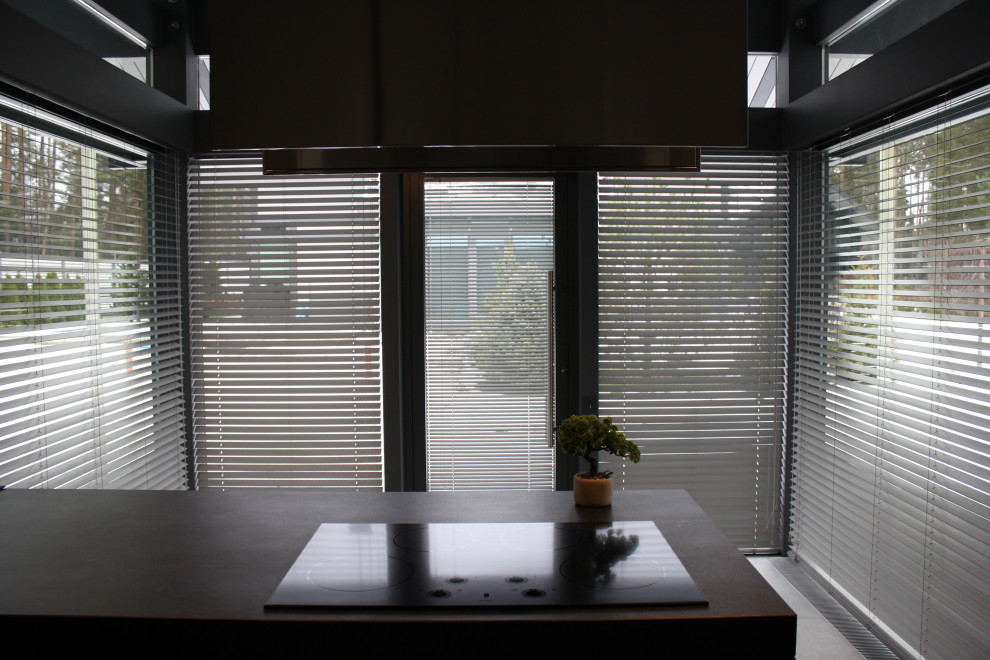 Решение по шторам для стеклянных стен дома Фахверк.