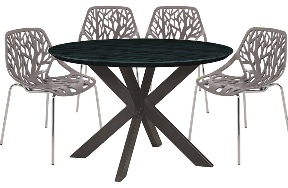 Leisuremod Ravenna 5-Piece Dining Set, Table With Geometric Base, Taupe