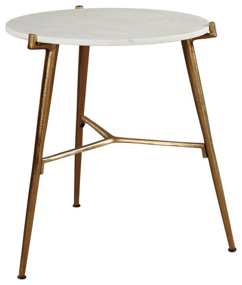 Benzara BM227082 Round Marble Top  Accent Table Metal Legs, Gold and White