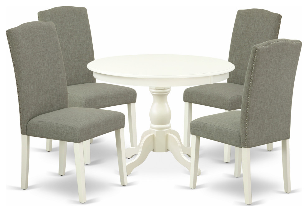 3Piece Dining Set, Linen White Wood Table, 2 Dark Shitake Chairs