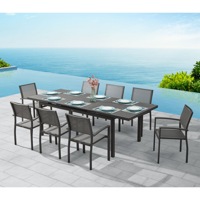 HIGOLD Heck 8+1 Pieces Extendable Outdoor Dining Set, Black Aluminum