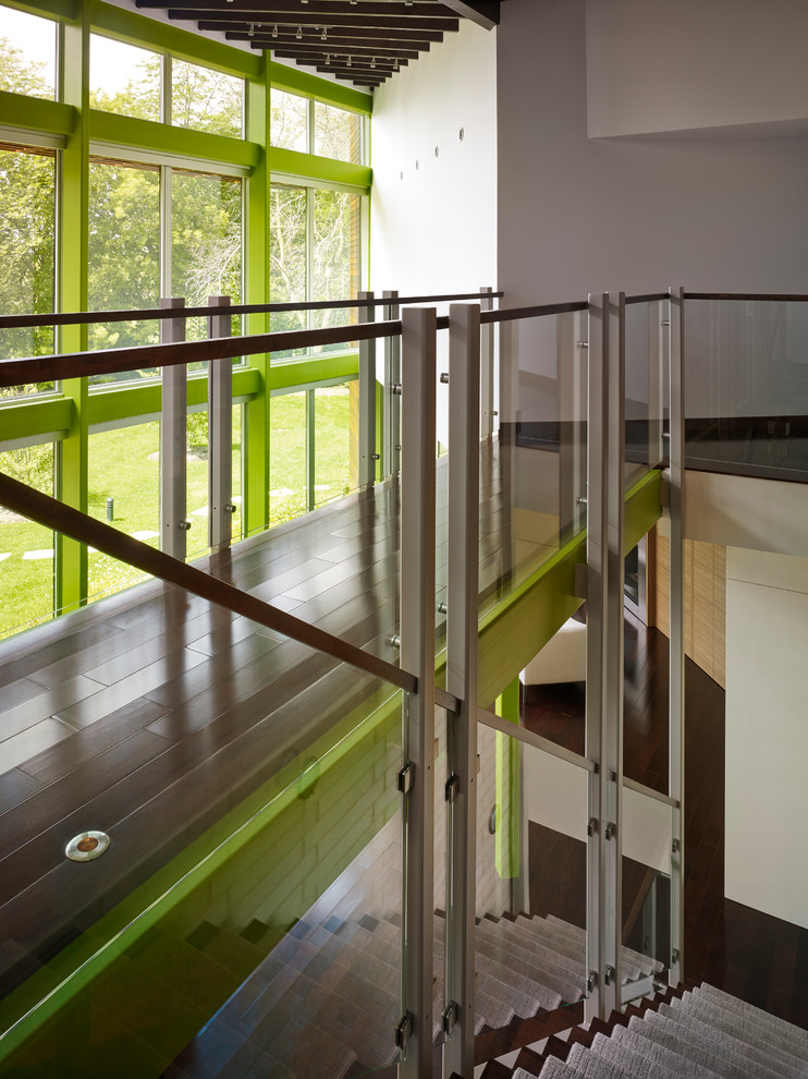 Staircase - large contemporary wooden straight metal railing staircase idea in Chicago