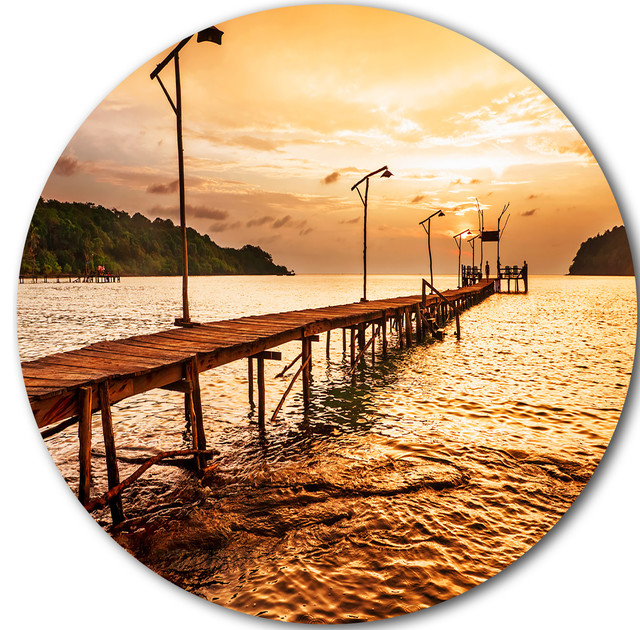 Sunset Over Brown Sea, Seascape Photo Large Disc Metal Wall Art Beach