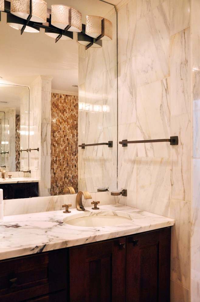 Design ideas for a transitional bathroom in Atlanta with white tile and stone tile.