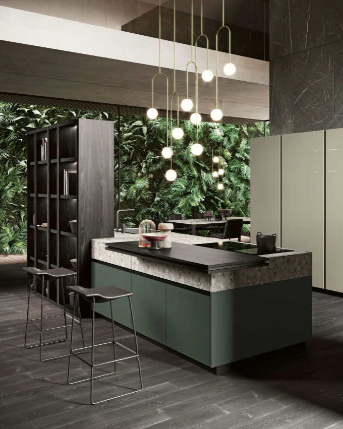 Inspiration for a medium sized modern galley kitchen/diner in San Diego with a submerged sink, flat-panel cabinets, green cabinets, engineered stone countertops, black appliances, dark hardwood flooring, an island and grey worktops.