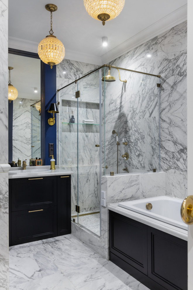 This is an example of a transitional master bathroom in Moscow with recessed-panel cabinets, black cabinets, an alcove tub, an alcove shower, blue walls, a drop-in sink, a hinged shower door, white benchtops, a single vanity and a freestanding vanity.
