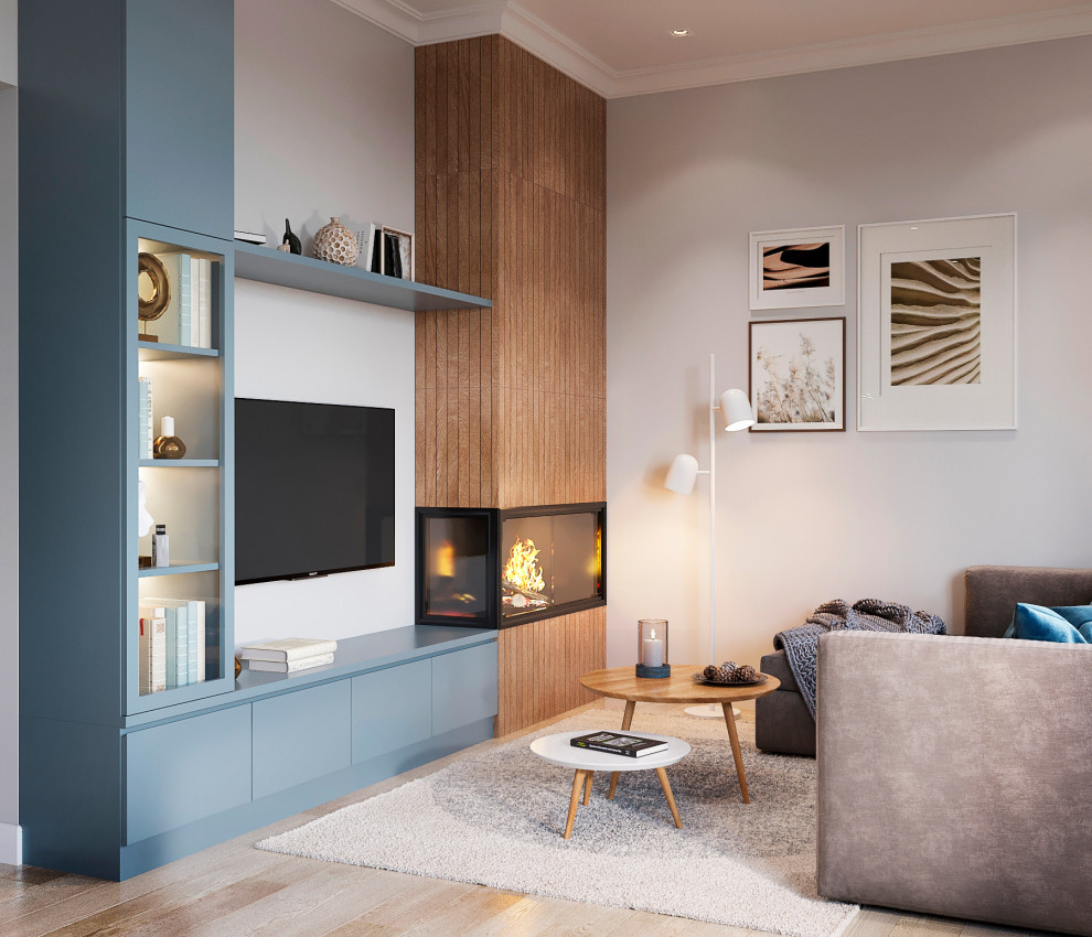 Кухня-гостиная на первом этаже. Вид на каминную зону