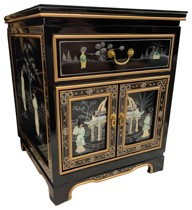 Oriental Black Lacquer End Table With Mother of Pearl, 20" Asian