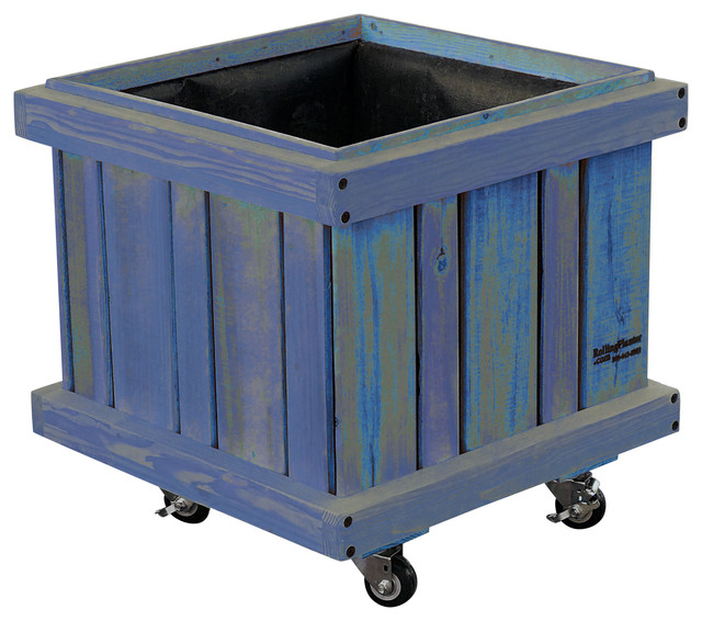 Rolling Tree 27" Cube Planter, Blue Stain Finish Farmhouse Indoor