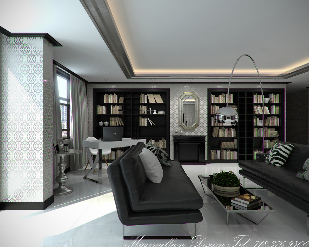 Design ideas for a contemporary living room in New York with a library, porcelain floors, a standard fireplace, a wood fireplace surround and a wall-mounted tv.