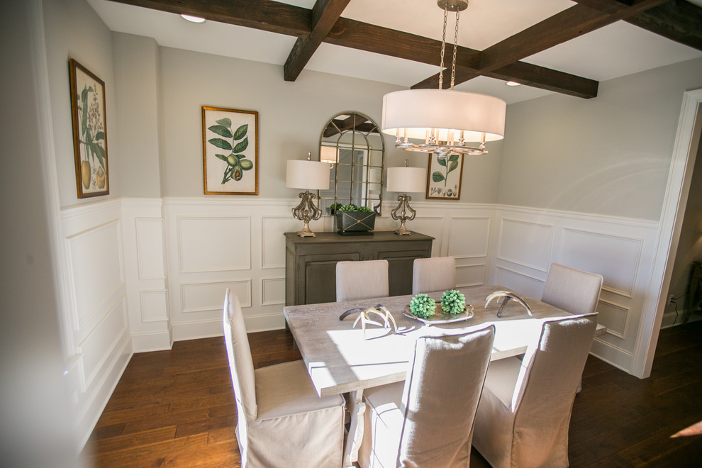 Inspiration for a large transitional dining room in Atlanta with grey walls and medium hardwood floors.
