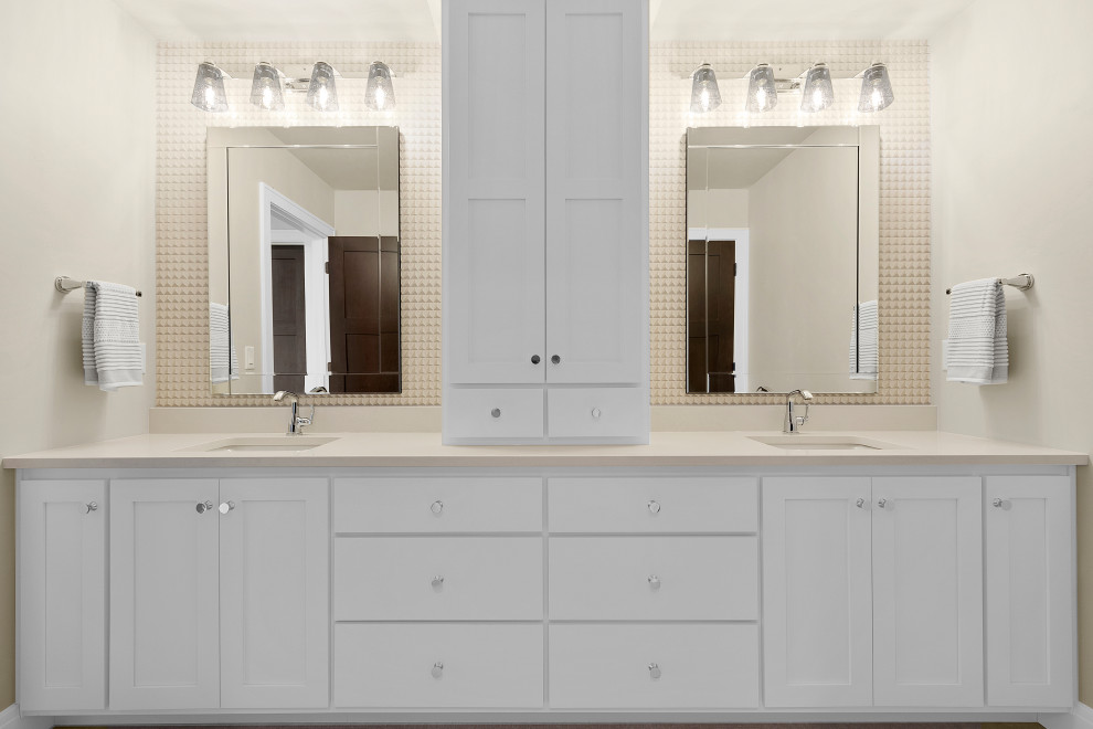 Example of a large transitional kids' ceramic tile, gray floor, double-sink and wallpaper bathroom design with shaker cabinets, medium tone wood cabinets, a two-piece toilet, gray walls, an undermount sink, quartz countertops, white countertops and a built-in vanity