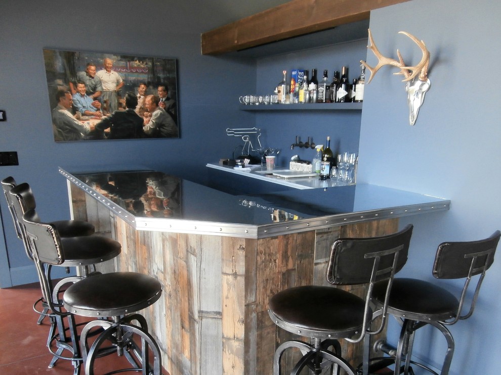 Inspiration for a large country l-shaped seated home bar in Boston with flat-panel cabinets, distressed cabinets, zinc benchtops and travertine splashback.